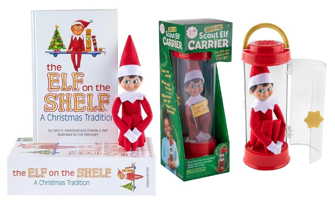 The Elf on the Shelf Christmas Tradition Box Set – Blue Eyed Boy Elf, Story Book & Scout Carrier
