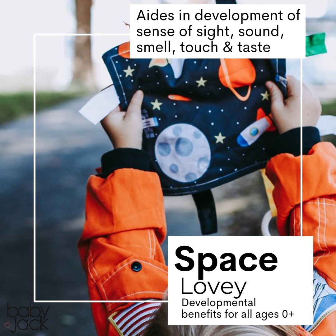 Baby Jack & Co 8x8 Outer Space Lovey Tag Toy – Crinkle, BPA Free, Stroller Clip | The Learning Lovey