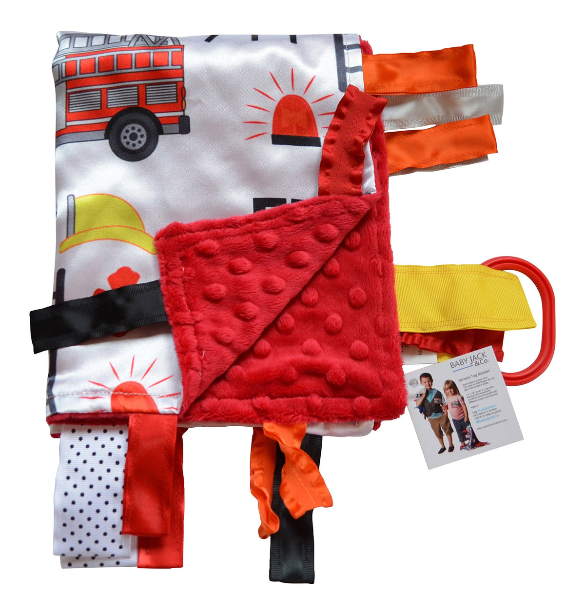 The Learning Lovey: Baby Sensory & Teething Ribbon Tag Lovey Blanket – 14” x 18” (Firefighter)