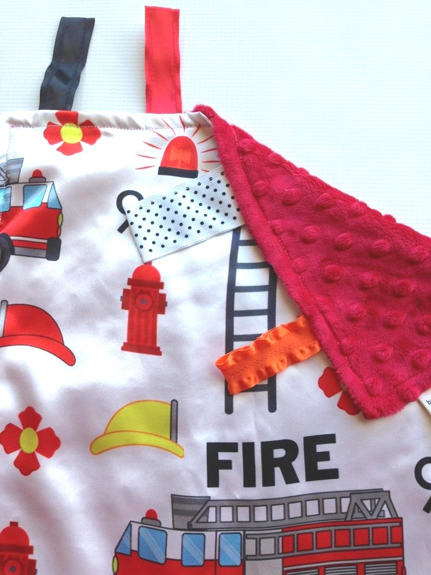 The Learning Lovey: Baby Sensory & Teething Ribbon Tag Lovey Blanket – 14” x 18” (Firefighter)