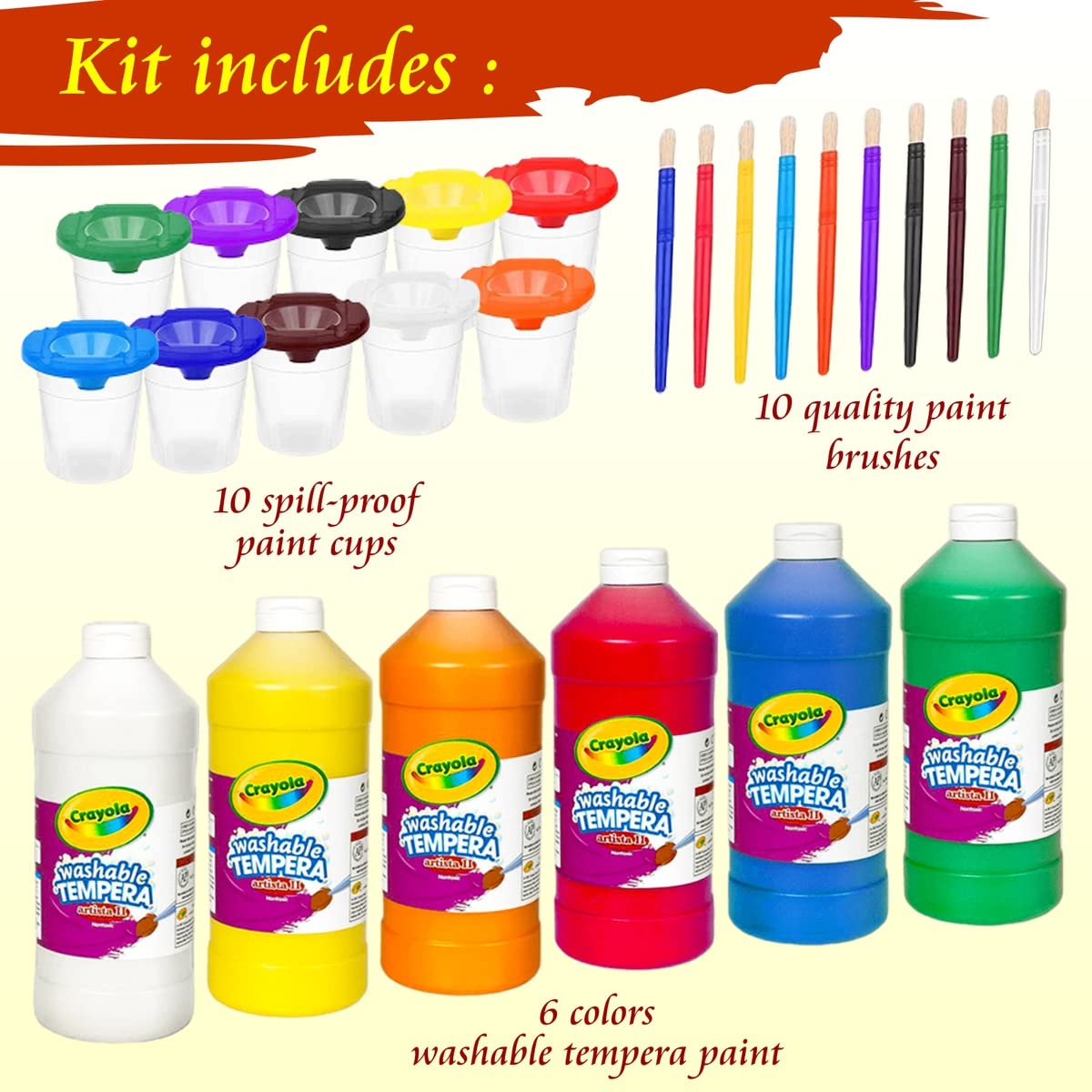 The Mega Deals Kids Painting Set – 6-Color Washable Tempera Paint with Cups & Brushes (16 oz)