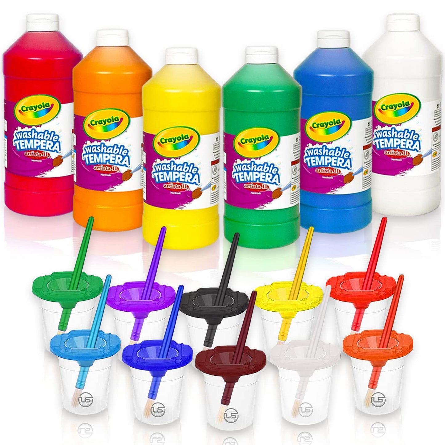The Mega Deals Kids Painting Set – 6-Color Washable Tempera Paint with Cups & Brushes (16 oz)