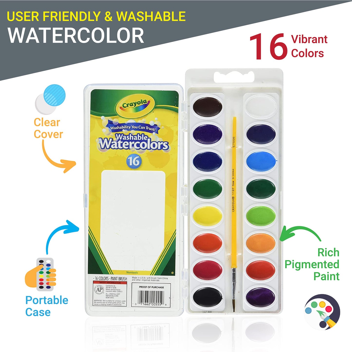 The Mega Deals Watercolor Paint Set for Kids – 16 Colors, 50-Sheet Paper Pad, 8 Brushes