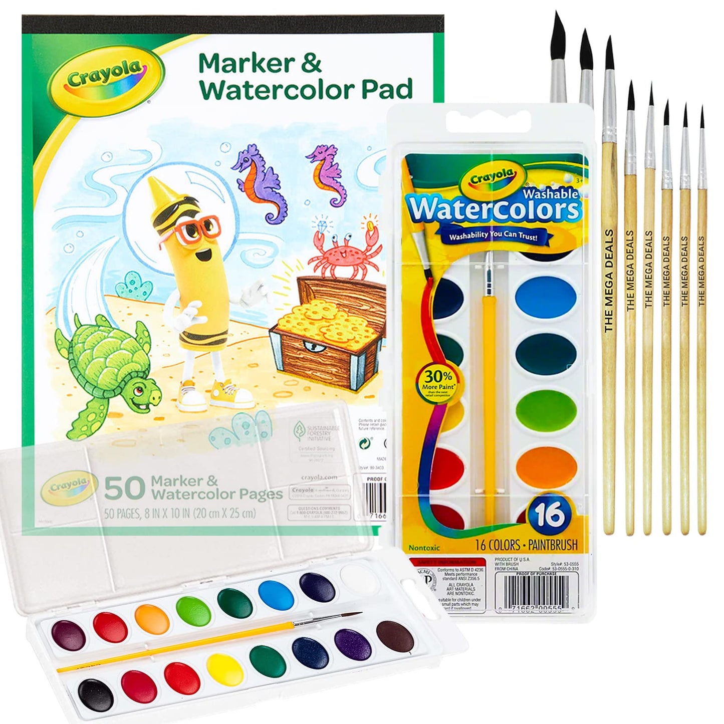 The Mega Deals Watercolor Paint Set for Kids – 16 Colors, 50-Sheet Paper Pad, 8 Brushes
