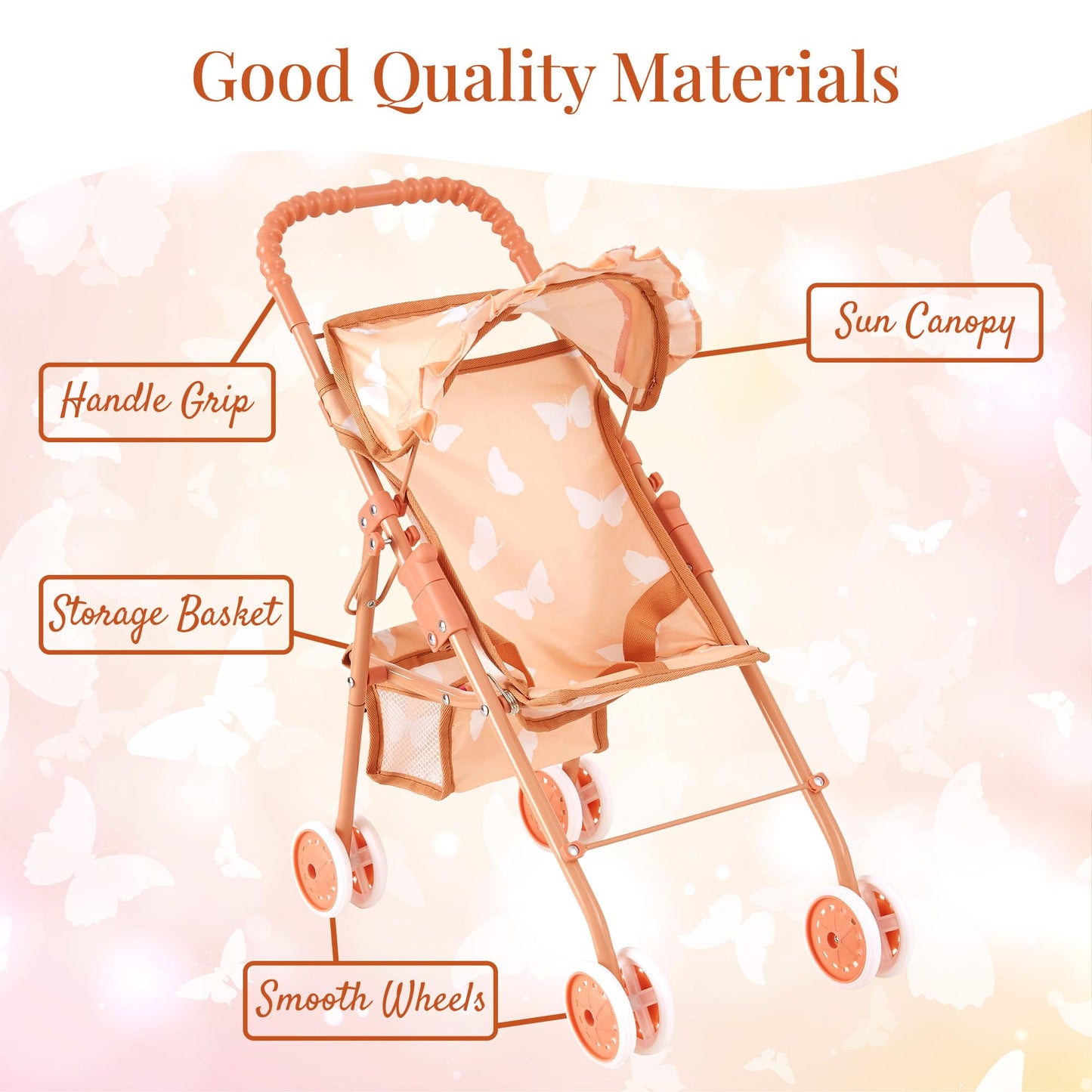 New York Doll Collection 4-in-1 Baby Doll Stroller Set – Butterfly Design