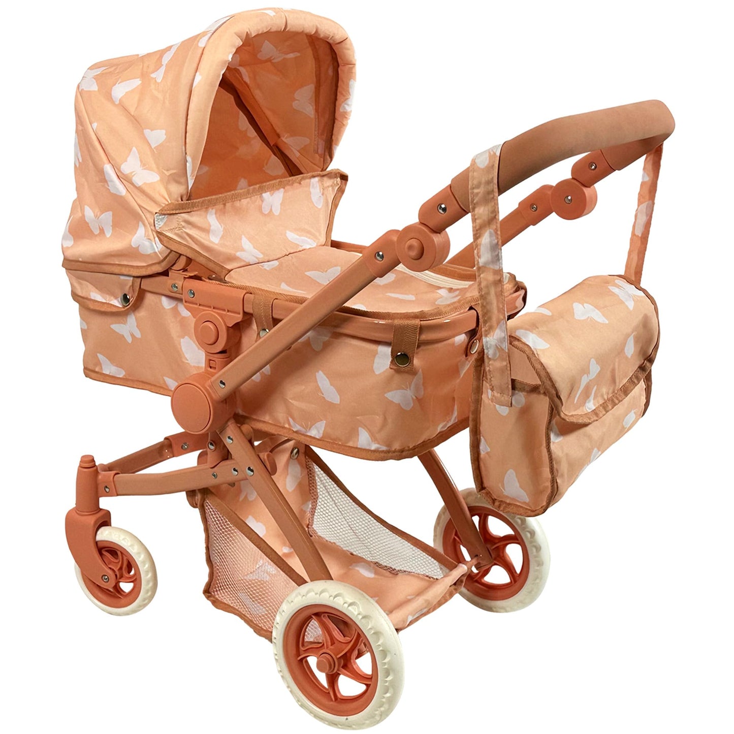Convertible 2-in-1 Baby Doll Stroller with Sun Canopy & Storage – The New York Doll Collection (Beige Butterfly)