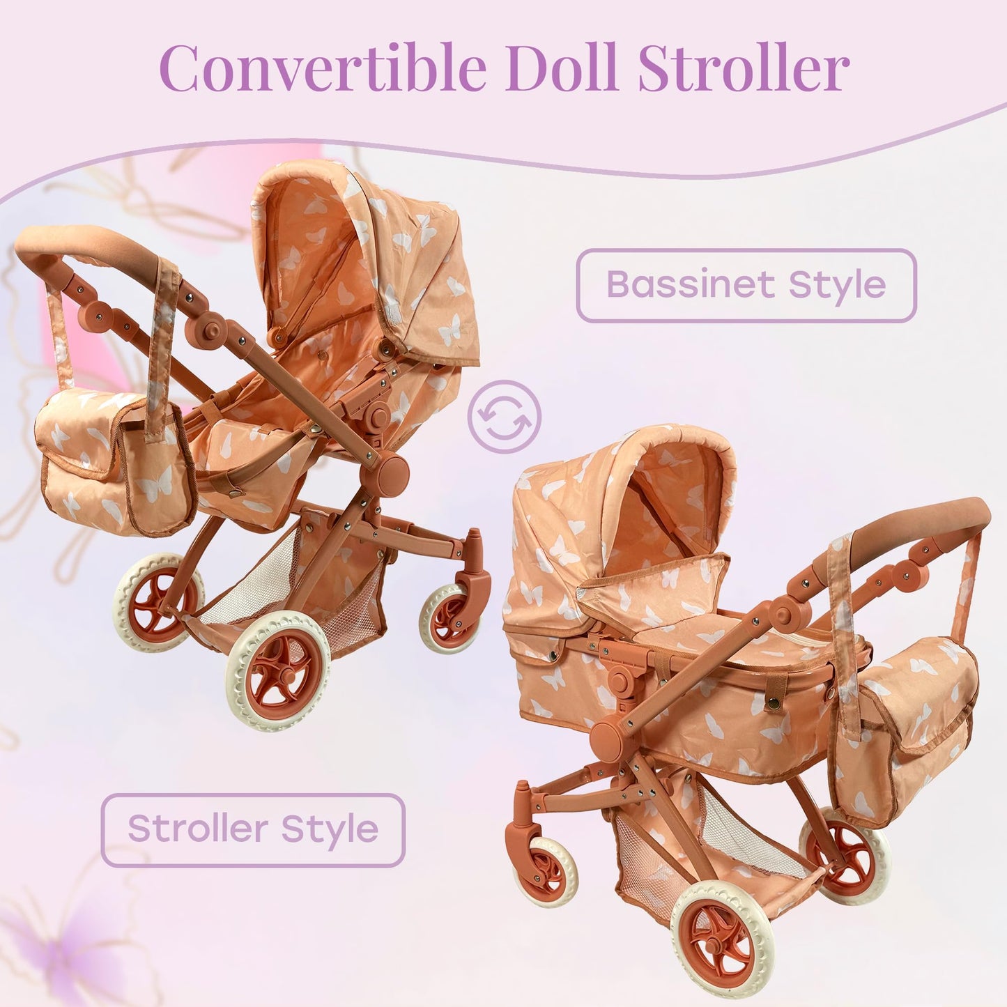 Convertible 2-in-1 Baby Doll Stroller with Sun Canopy & Storage – The New York Doll Collection (Beige Butterfly)