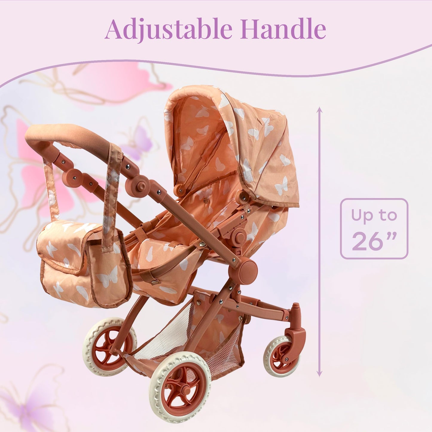 Convertible 2-in-1 Baby Doll Stroller with Sun Canopy & Storage – The New York Doll Collection (Beige Butterfly)