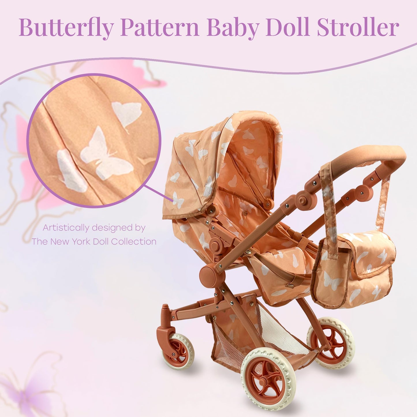 Convertible 2-in-1 Baby Doll Stroller with Sun Canopy & Storage – The New York Doll Collection (Beige Butterfly)