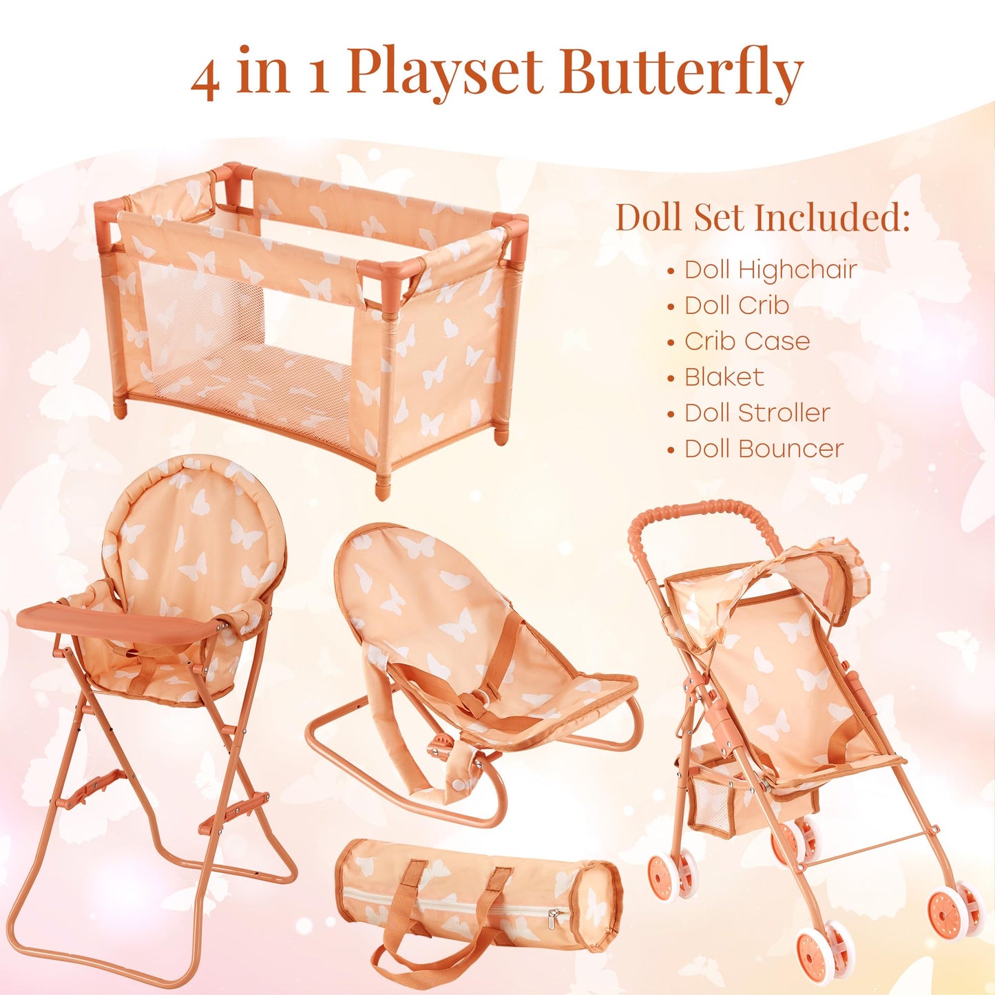 New York Doll Collection 4-in-1 Baby Doll Stroller Set – Butterfly Design