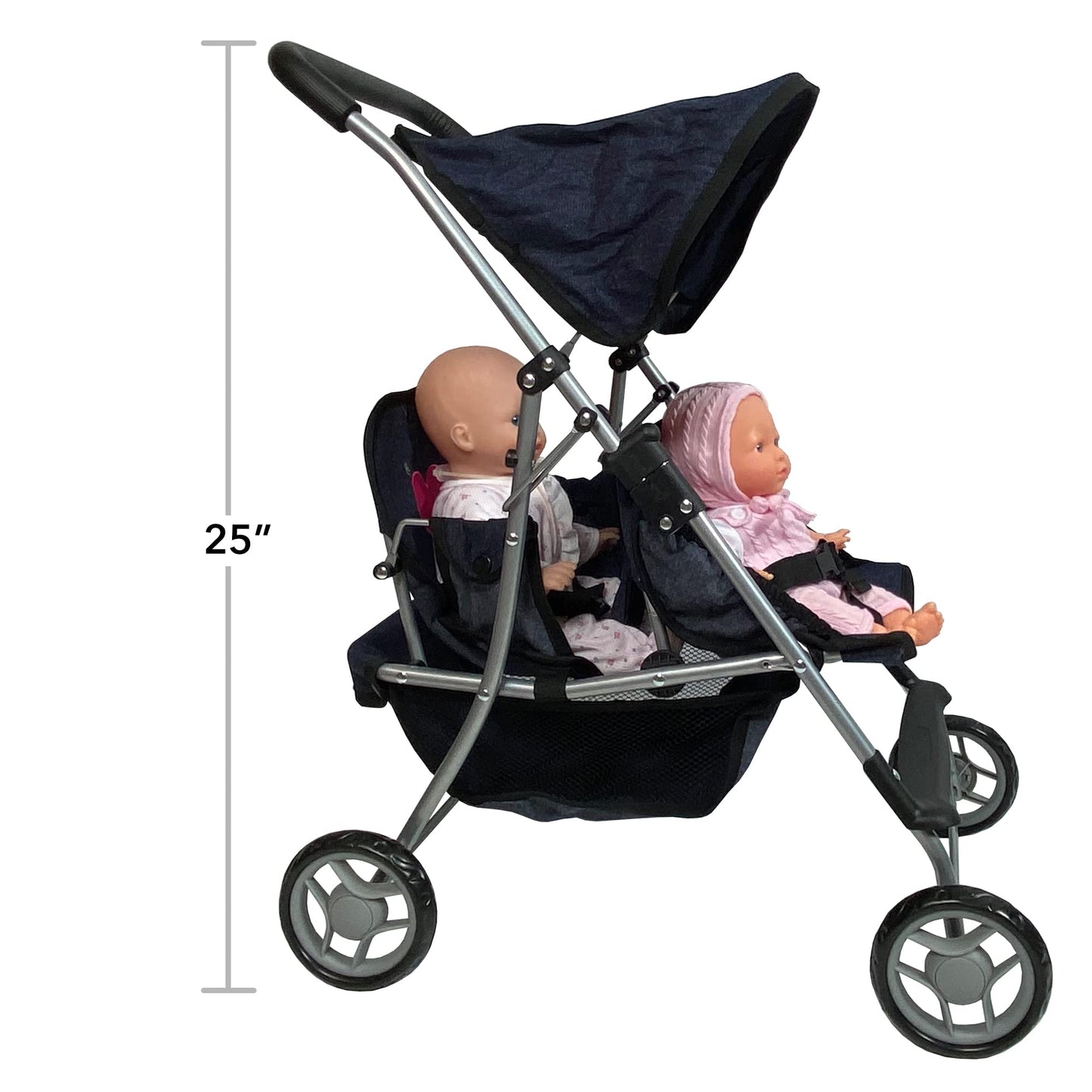 The New York Doll Collection First Twin Stroller – Navy Denim & Pink Hearts