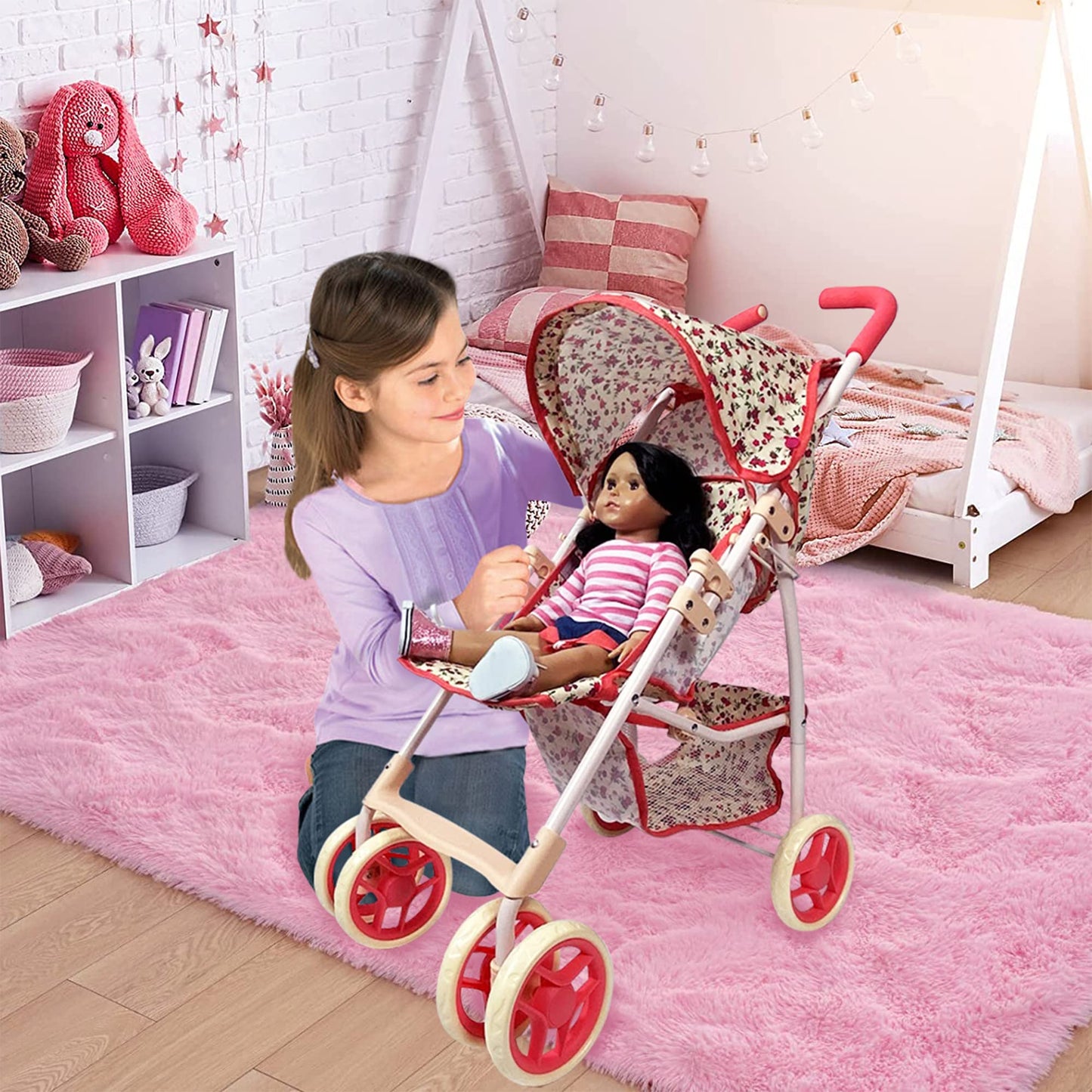 The New York Doll Collection 28in Baby Doll Stroller – Coral Floral Print