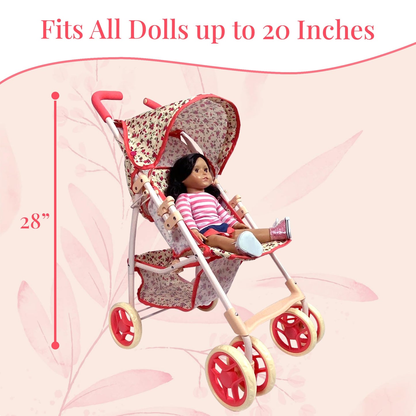The New York Doll Collection 28in Baby Doll Stroller – Coral Floral Print