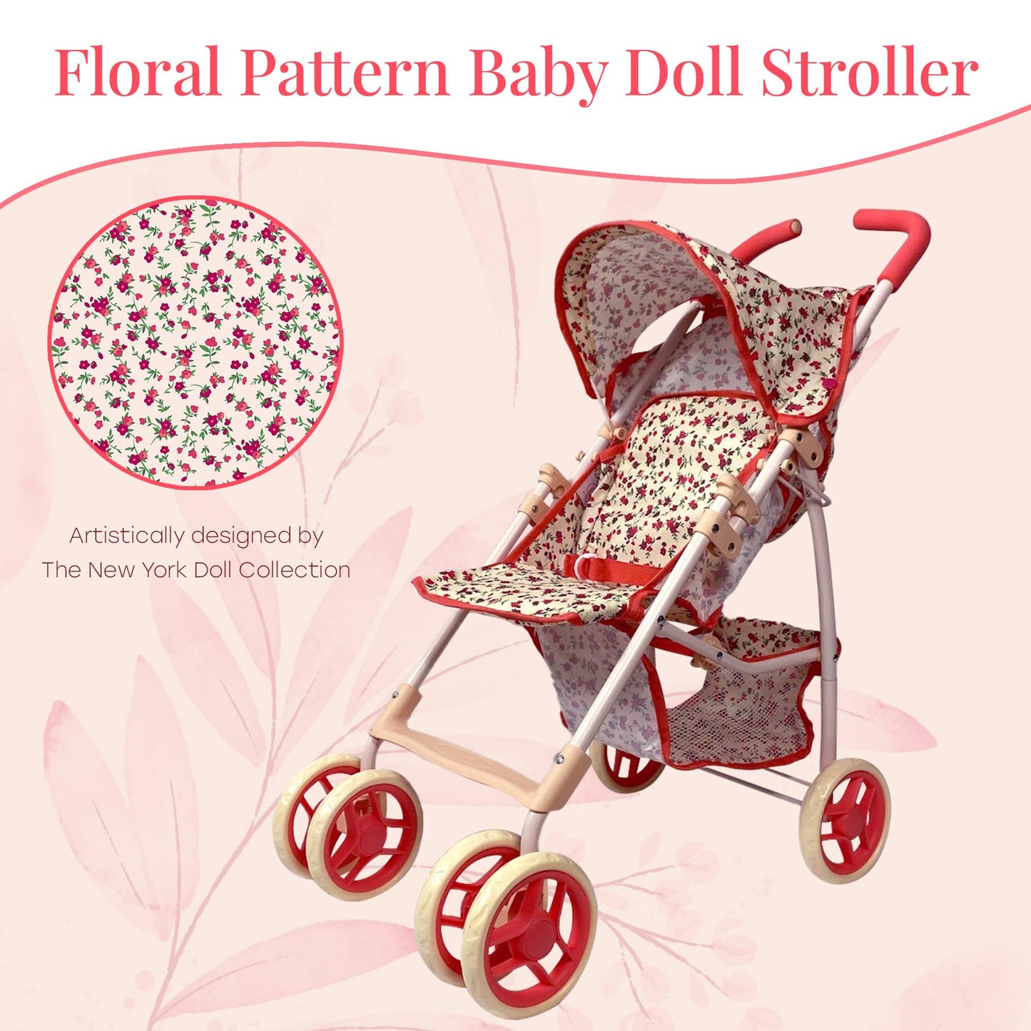 The New York Doll Collection 28in Baby Doll Stroller – Coral Floral Print