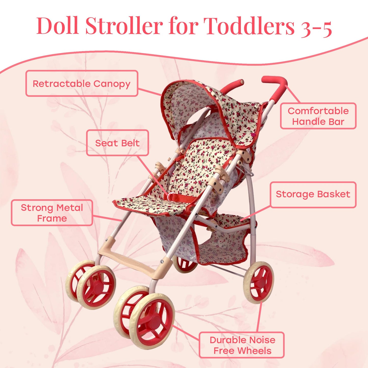 The New York Doll Collection 28in Baby Doll Stroller – Coral Floral Print