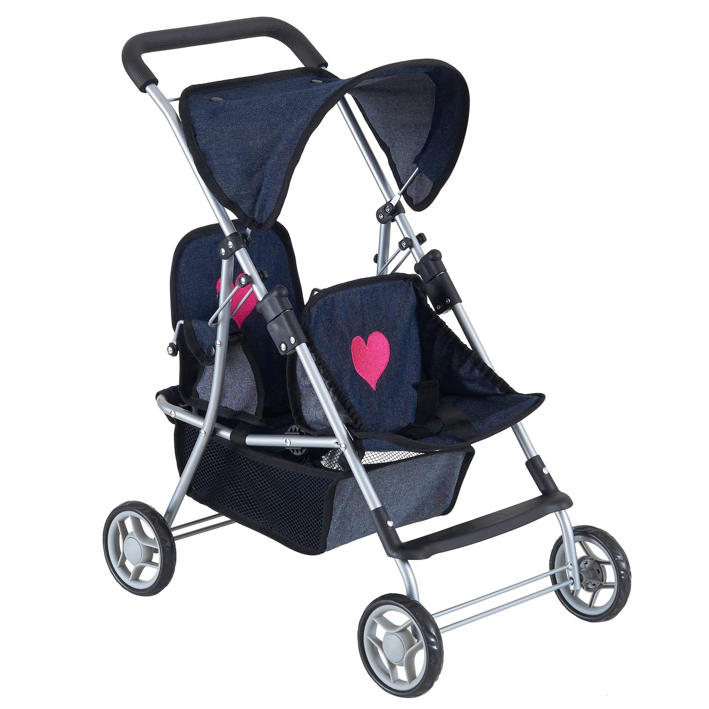 The New York Doll Collection First Twin Stroller – Navy Denim & Pink Hearts