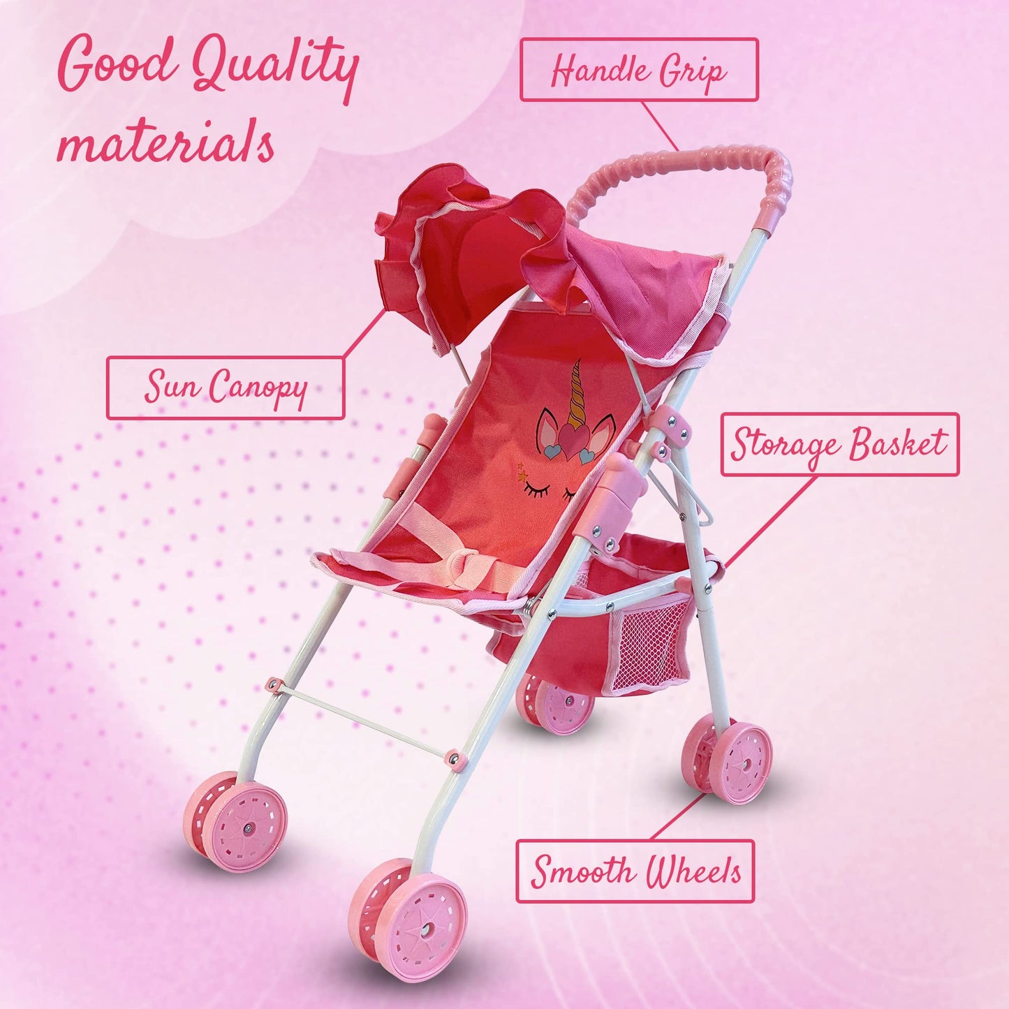 The New York Doll Collection My First Baby Doll Stroller for Toddlers — 21-Inch Foldable Doll Pram with Canopy & Seatbelt