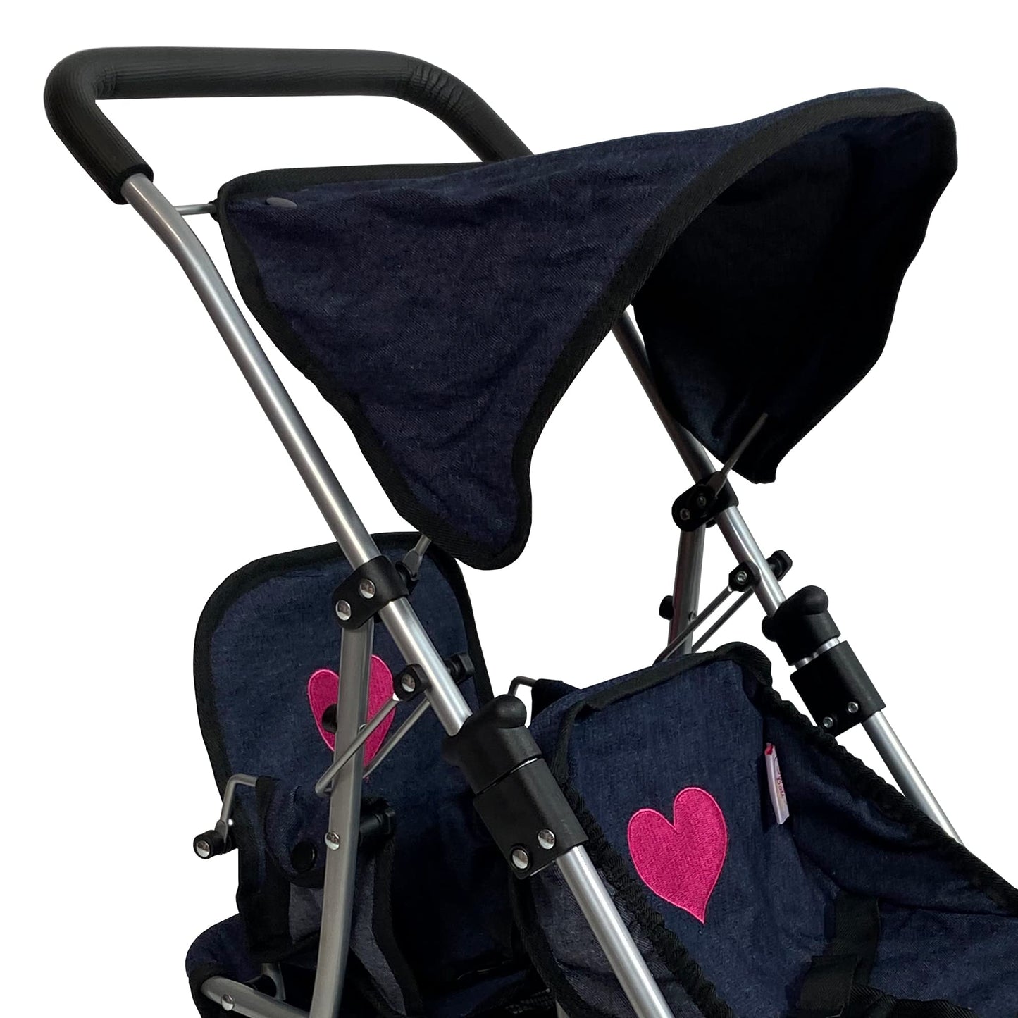 The New York Doll Collection First Twin Stroller – Navy Denim & Pink Hearts