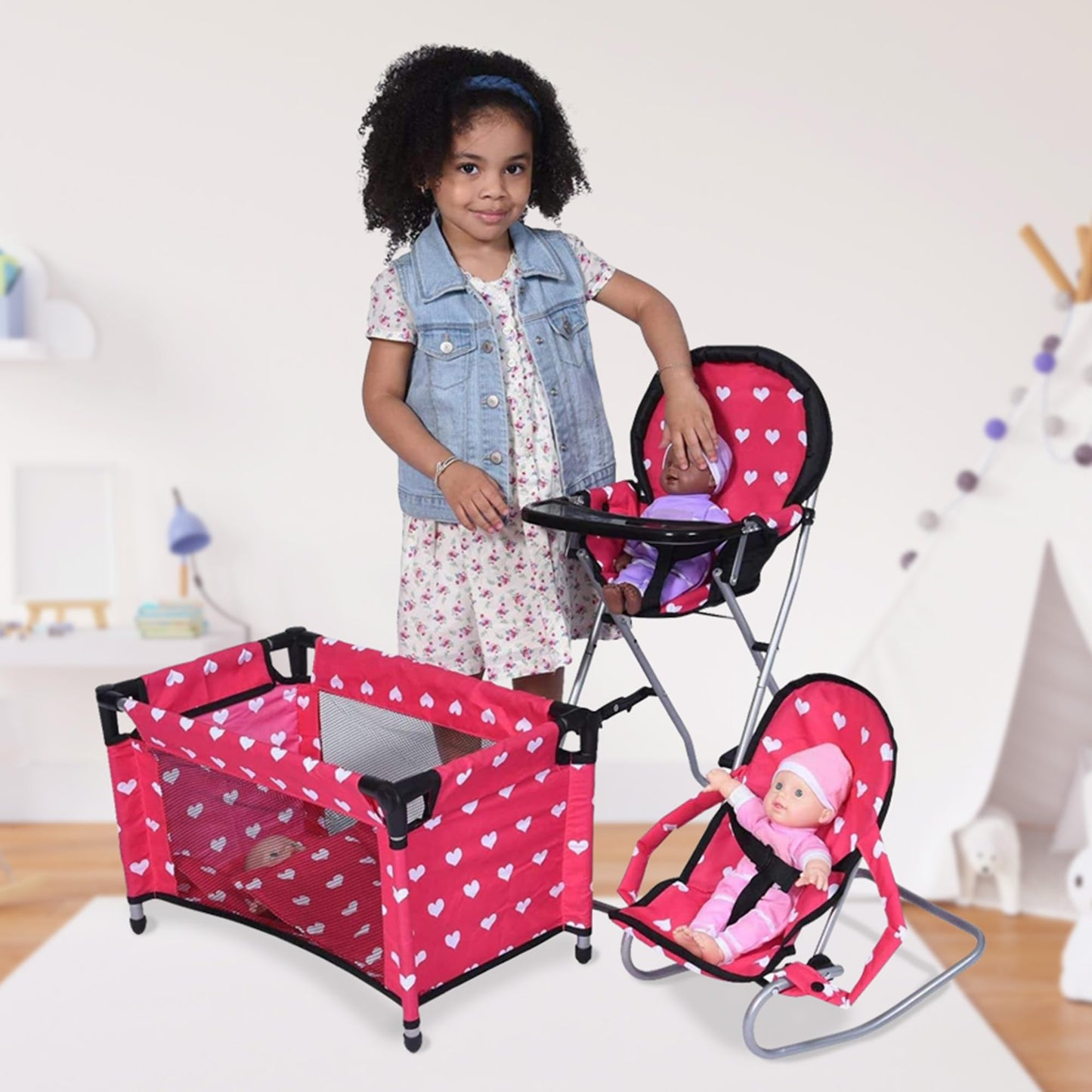 The New York Doll Collection Mega 3-in-1 Doll Accessory Set – 18" High Chair, Bouncer & Pack N Play