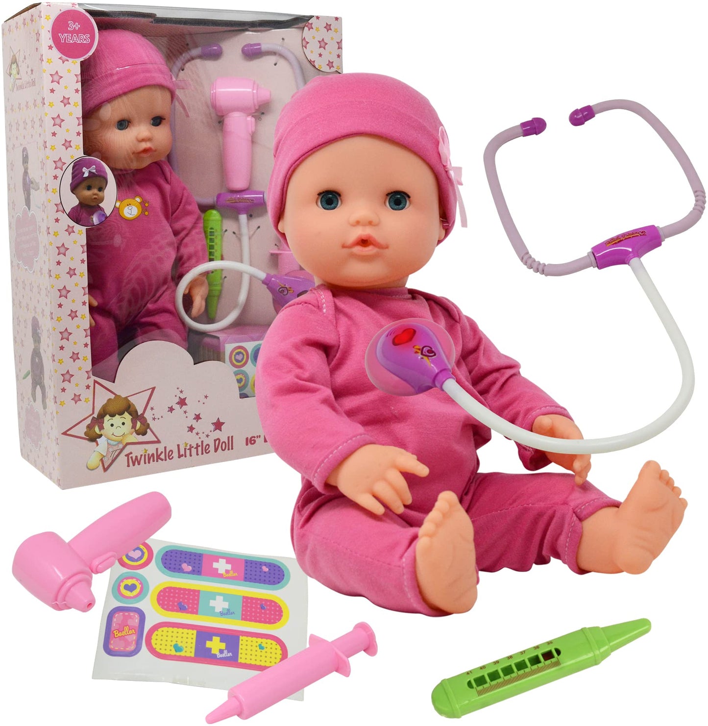 The New York Doll Collection Interactive 16-Inch Baby Doll Doctor Kit with Light-Up Heartbeat Stethoscope – Pink