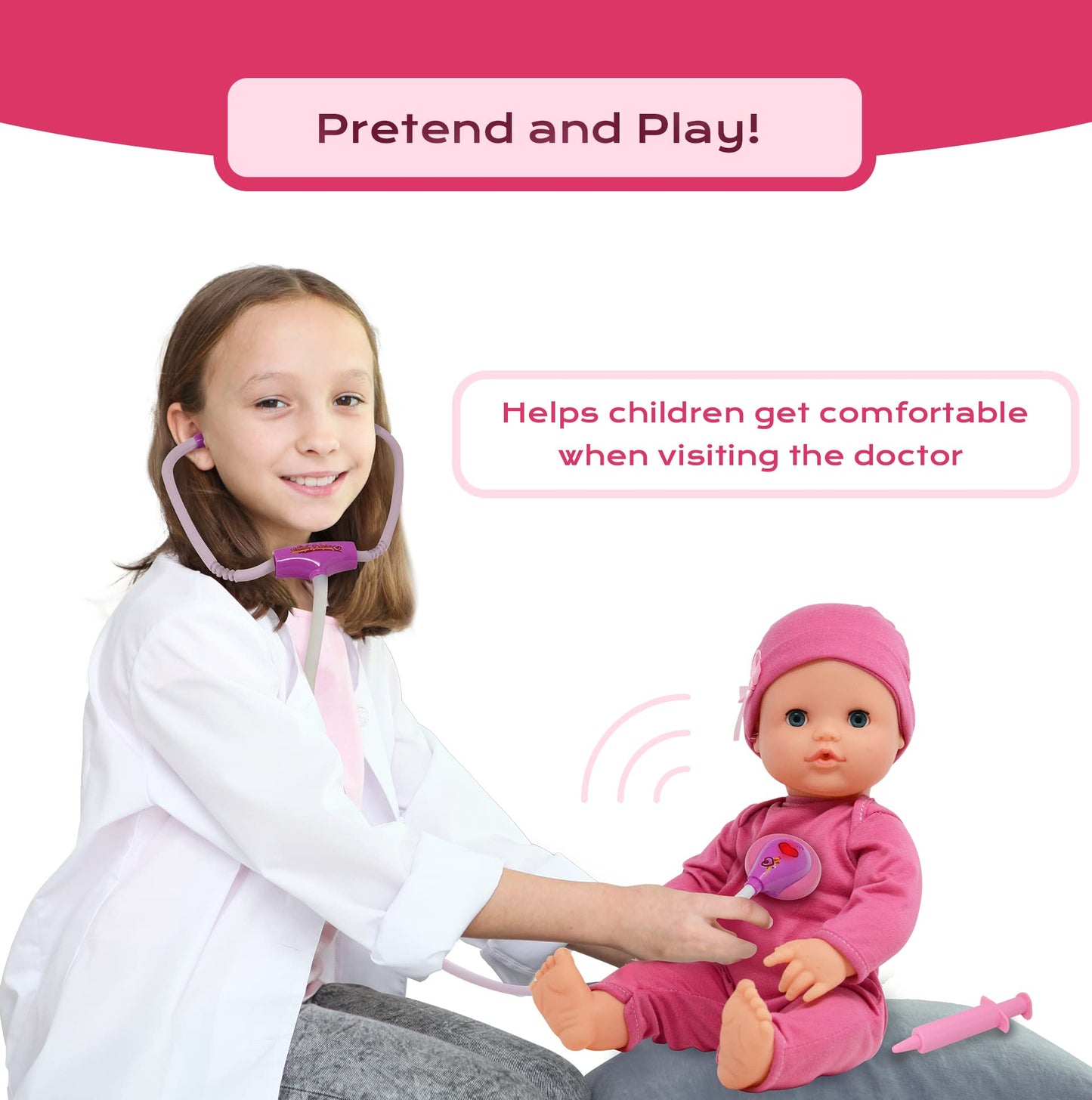 The New York Doll Collection Interactive 16-Inch Baby Doll Doctor Kit with Light-Up Heartbeat Stethoscope – Pink