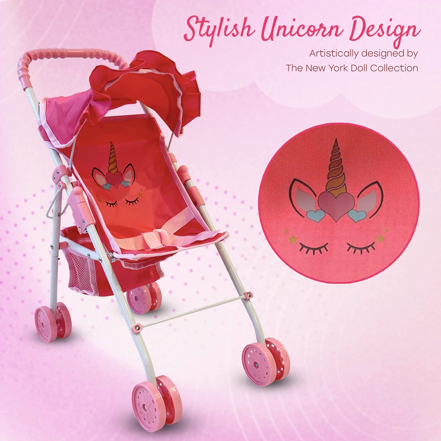 The New York Doll Collection My First Baby Doll Stroller for Toddlers — 21-Inch Foldable Doll Pram with Canopy & Seatbelt