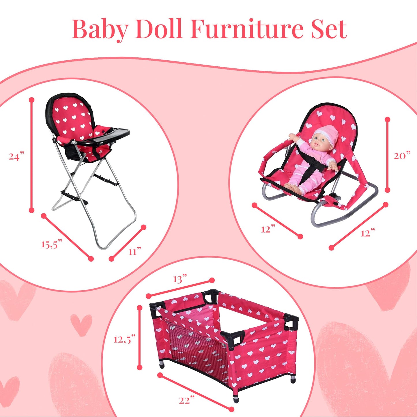 The New York Doll Collection Mega 3-in-1 Doll Accessory Set – 18" High Chair, Bouncer & Pack N Play