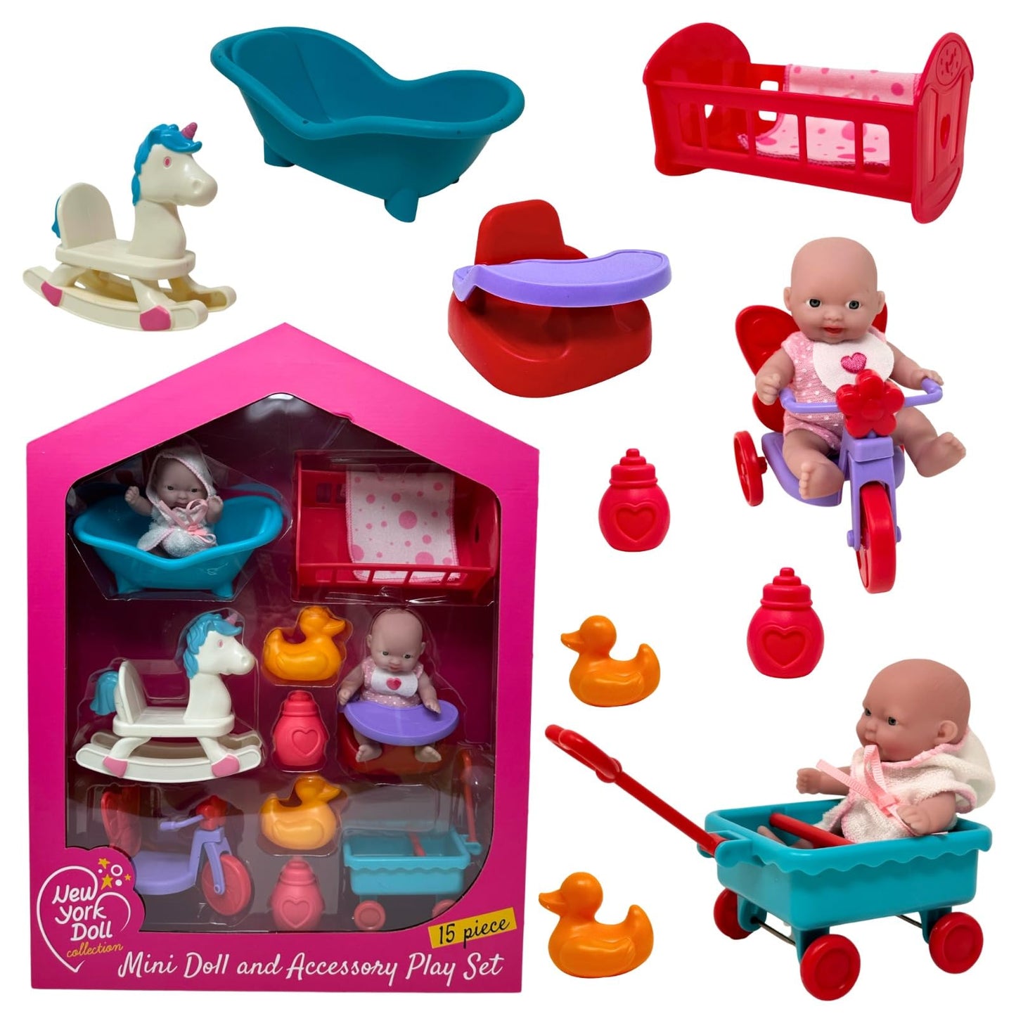The New York Doll Collection Mini Baby Doll Set – 15pc 5-Inch Doll Play Pack with Accessories