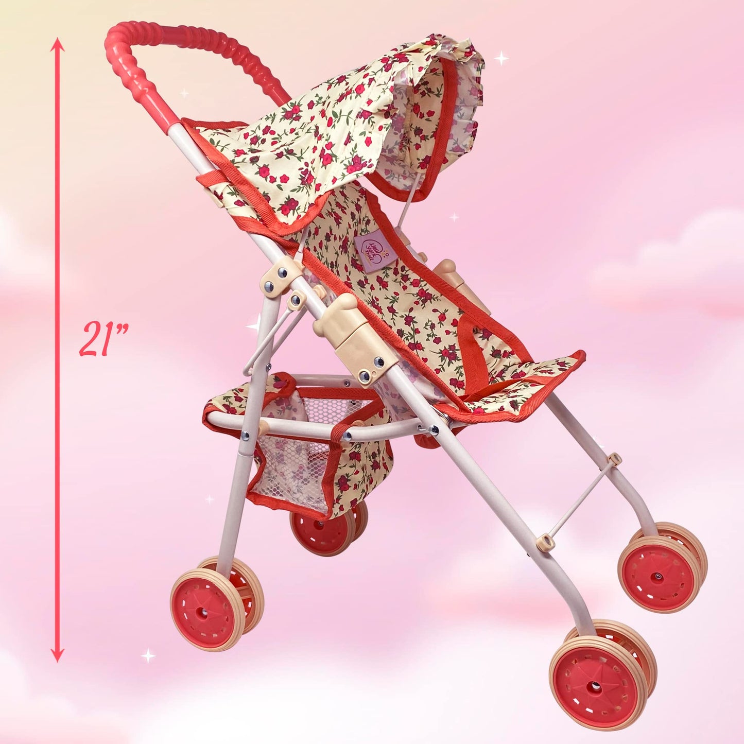 The New York Doll Collection: My First Baby Doll Stroller for Toddlers – Foldable 21-inch Doll Pram with Canopy & Seatbelt