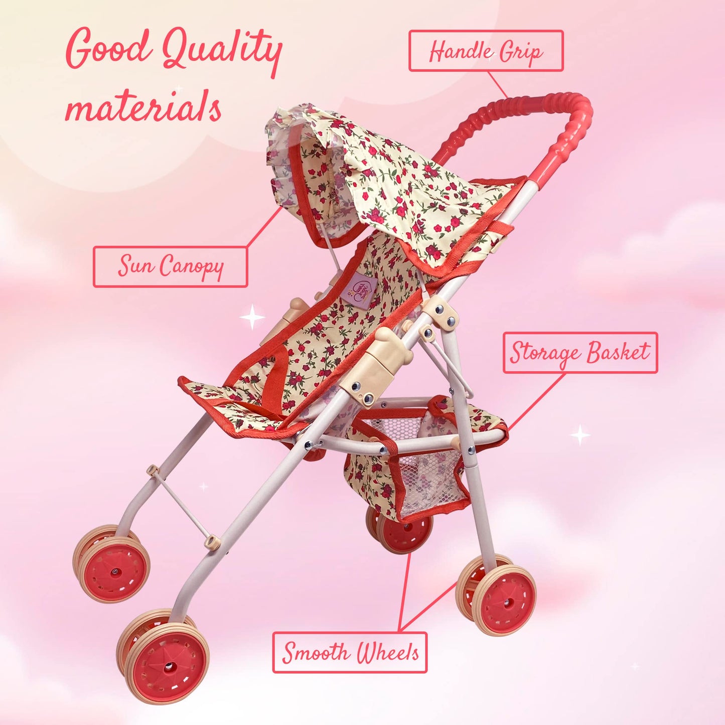 The New York Doll Collection: My First Baby Doll Stroller for Toddlers – Foldable 21-inch Doll Pram with Canopy & Seatbelt