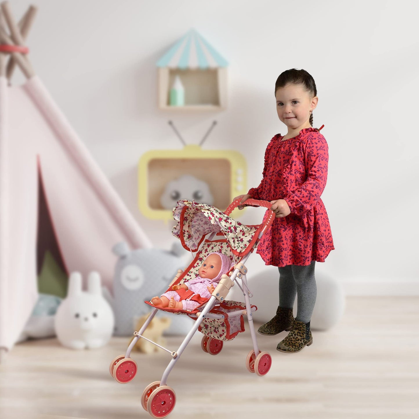 The New York Doll Collection: My First Baby Doll Stroller for Toddlers – Foldable 21-inch Doll Pram with Canopy & Seatbelt