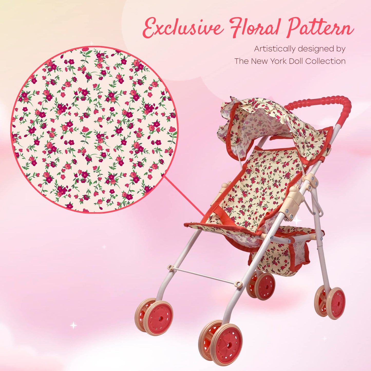 The New York Doll Collection: My First Baby Doll Stroller for Toddlers – Foldable 21-inch Doll Pram with Canopy & Seatbelt