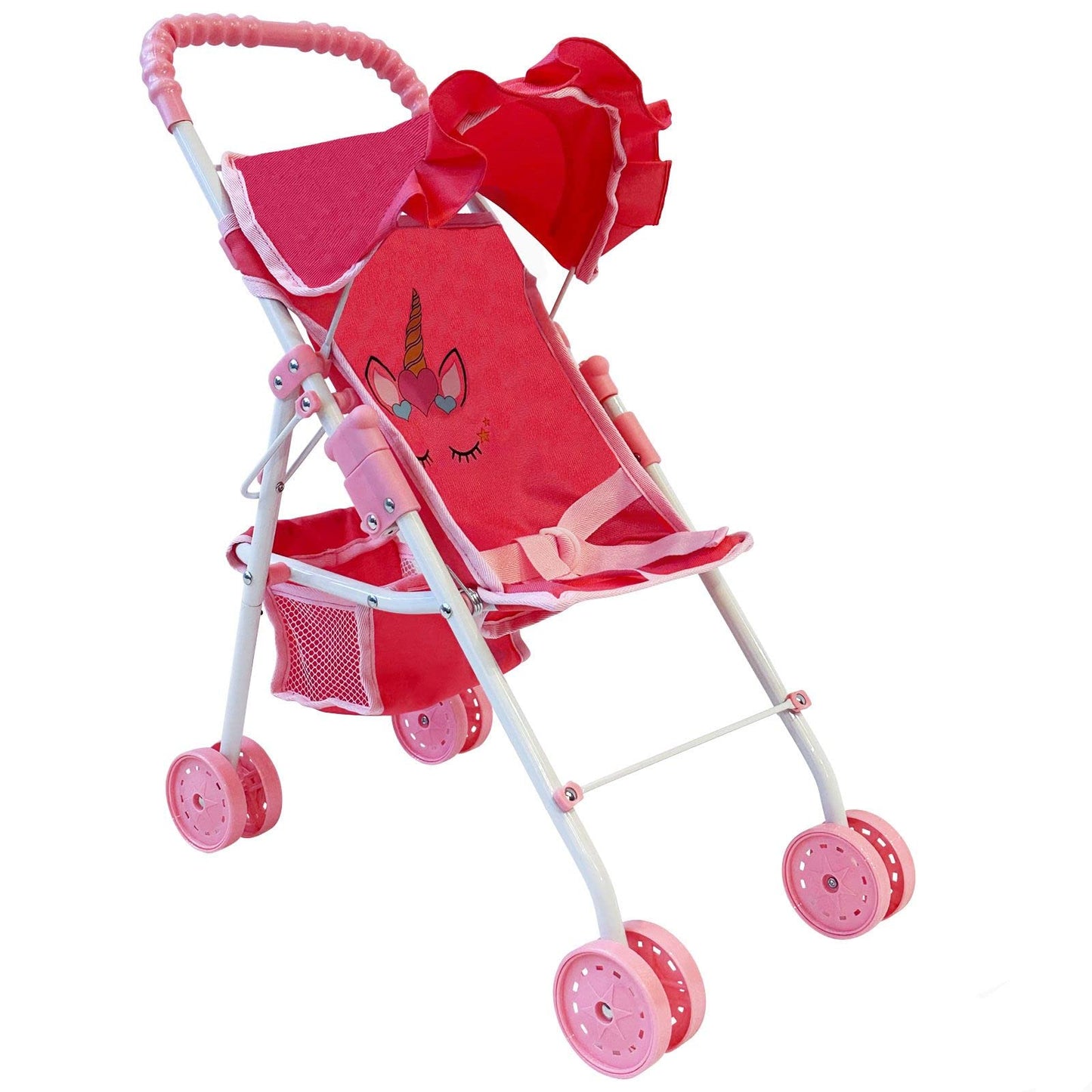 The New York Doll Collection My First Baby Doll Stroller for Toddlers — 21-Inch Foldable Doll Pram with Canopy & Seatbelt