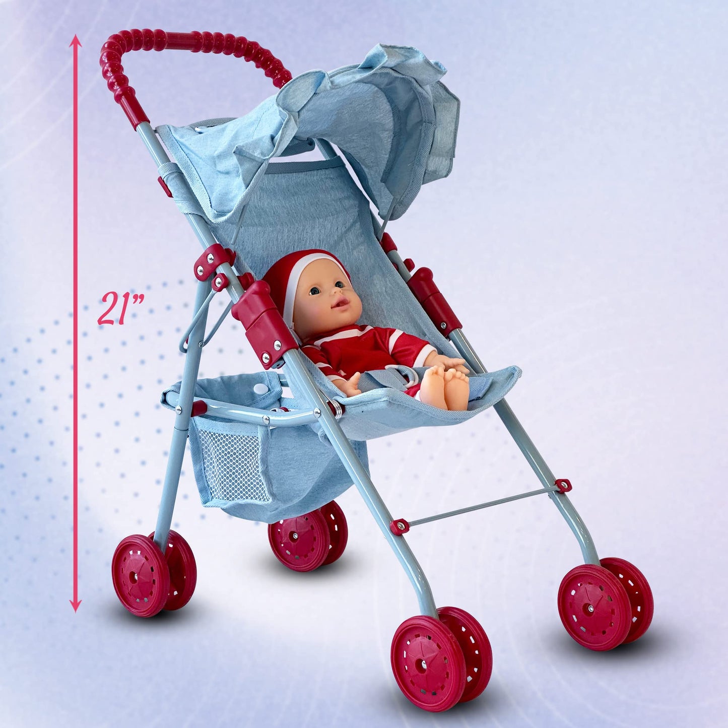 New York Doll Collection My First Baby Doll Stroller for Toddlers — Foldable 21-Inch Toy Pram