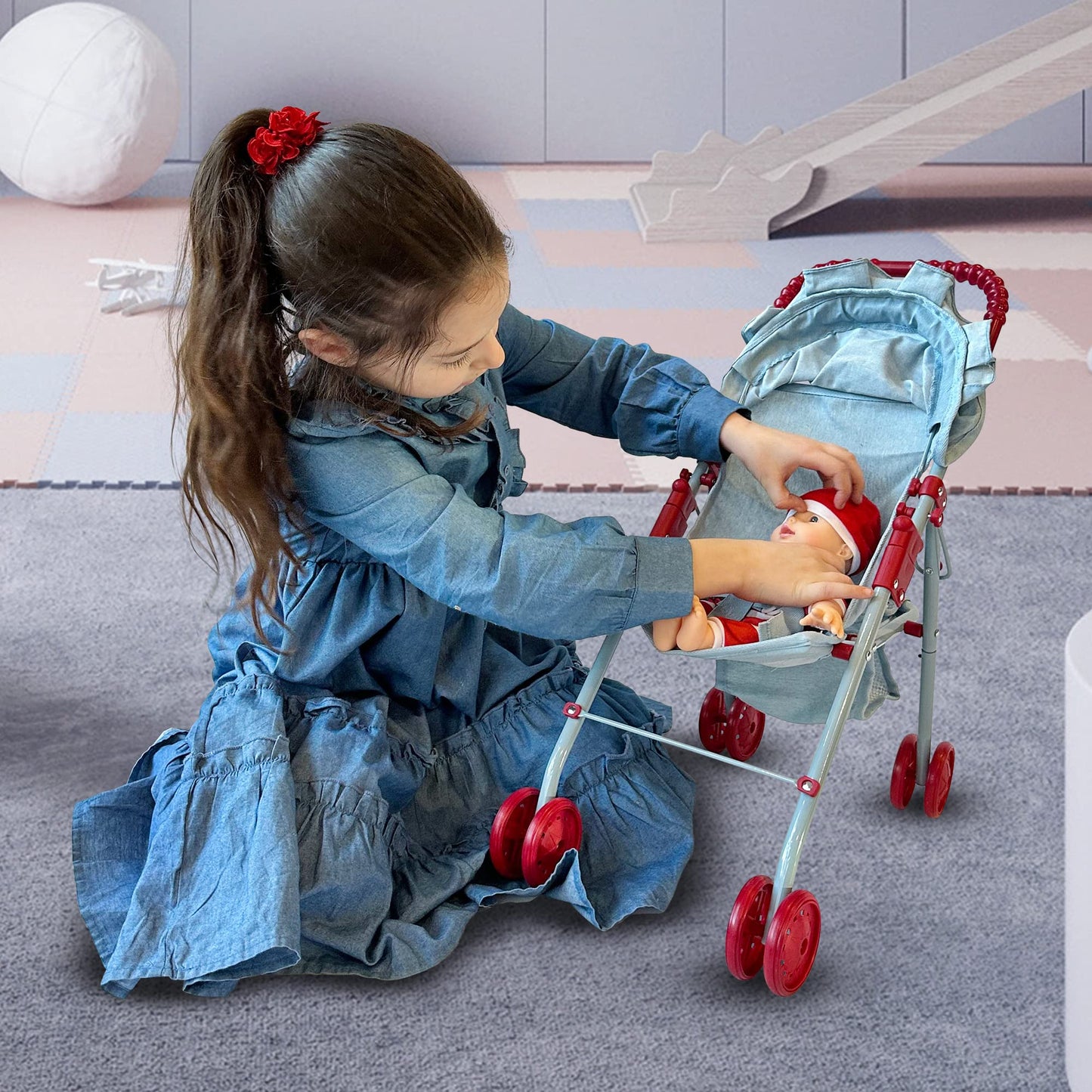 New York Doll Collection My First Baby Doll Stroller for Toddlers — Foldable 21-Inch Toy Pram