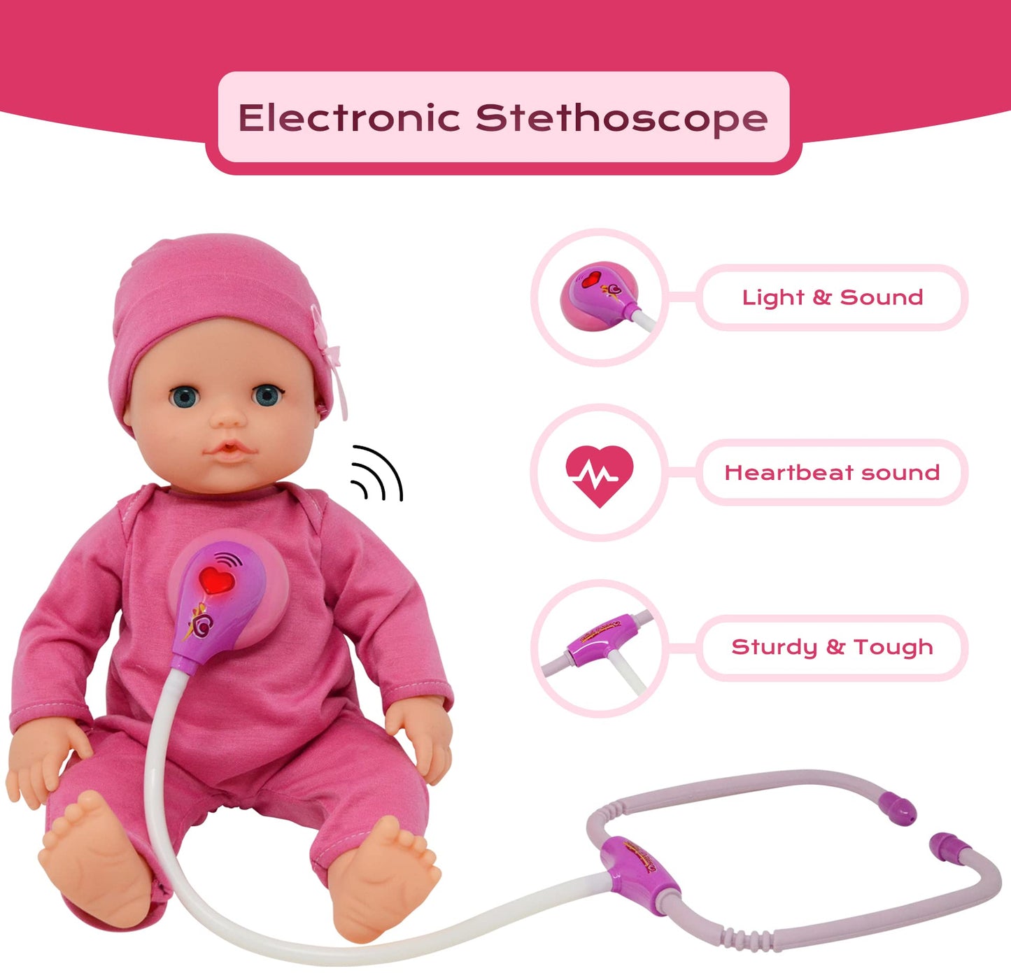 The New York Doll Collection Interactive 16-Inch Baby Doll Doctor Kit with Light-Up Heartbeat Stethoscope – Pink