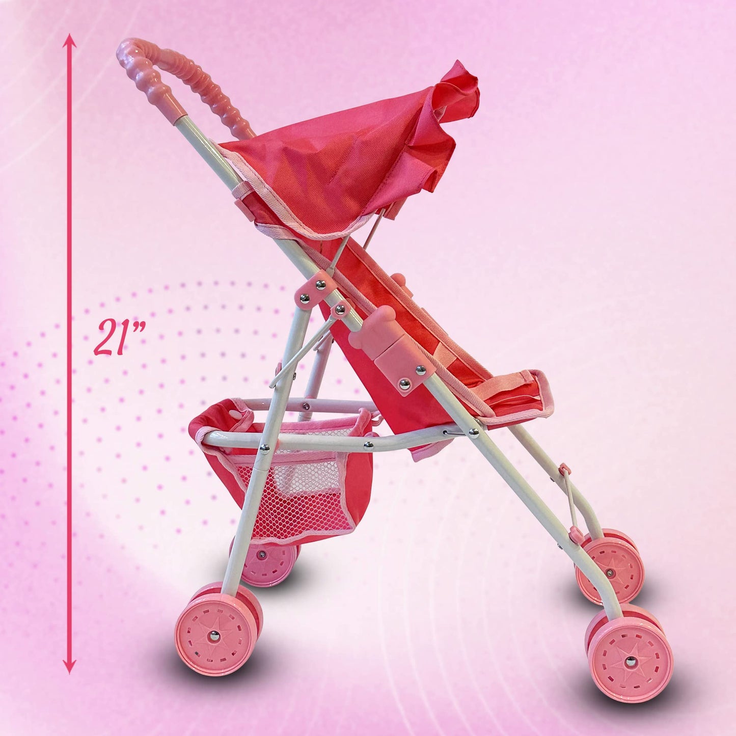 The New York Doll Collection My First Baby Doll Stroller for Toddlers — 21-Inch Foldable Doll Pram with Canopy & Seatbelt