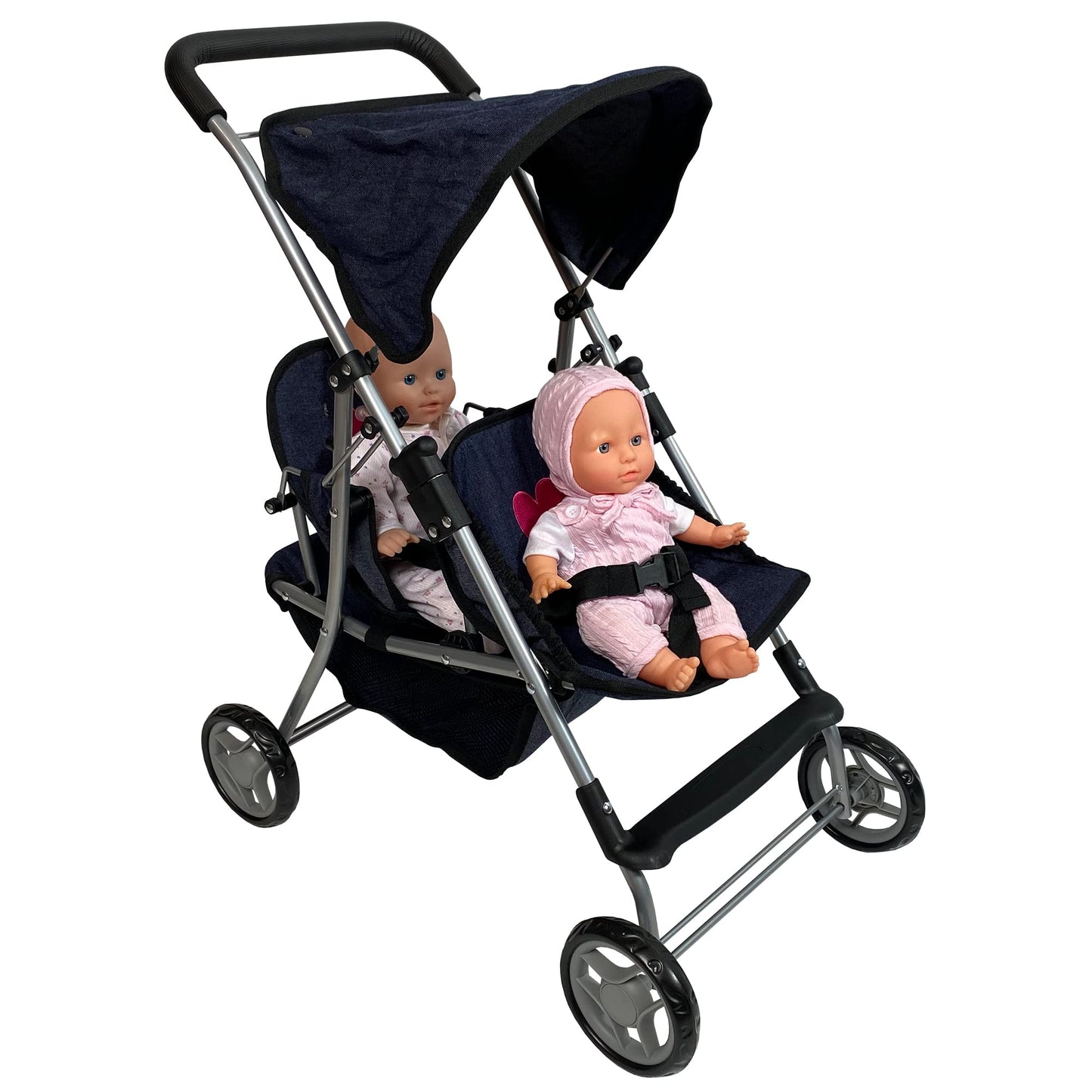The New York Doll Collection First Twin Stroller – Navy Denim & Pink Hearts