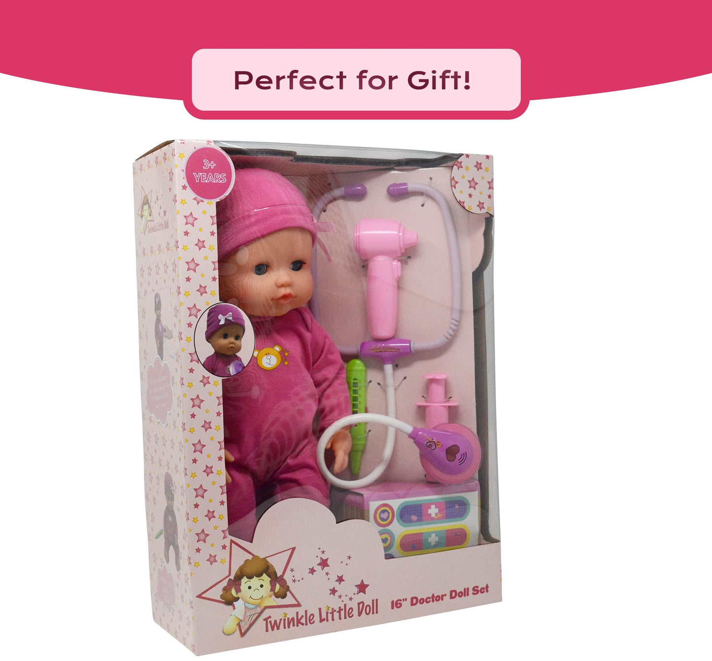 The New York Doll Collection Interactive 16-Inch Baby Doll Doctor Kit with Light-Up Heartbeat Stethoscope – Pink