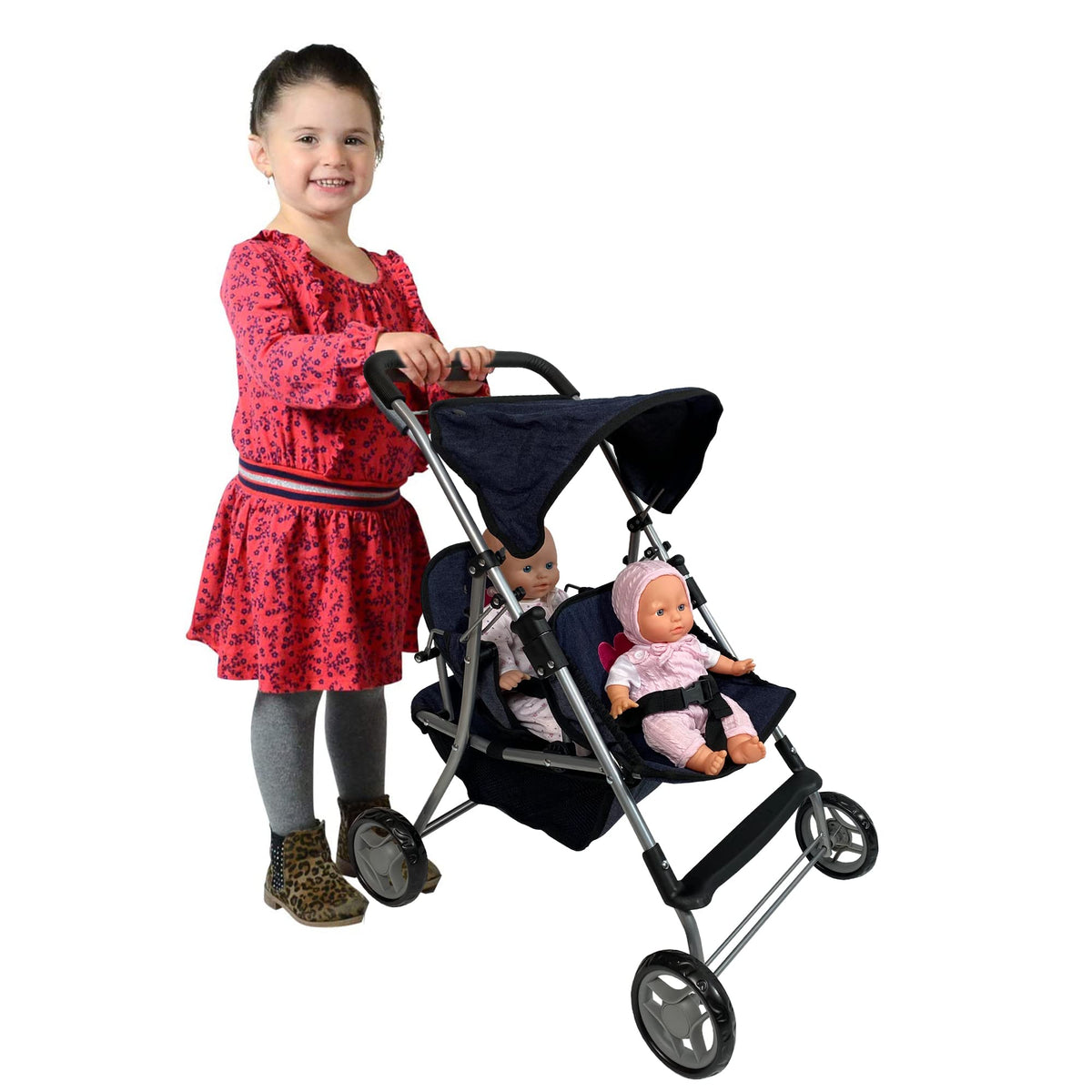 The New York Doll Collection First Twin Stroller – Navy Denim & Pink Hearts