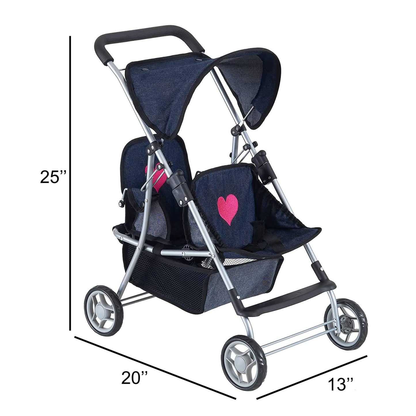 The New York Doll Collection First Twin Stroller – Navy Denim & Pink Hearts