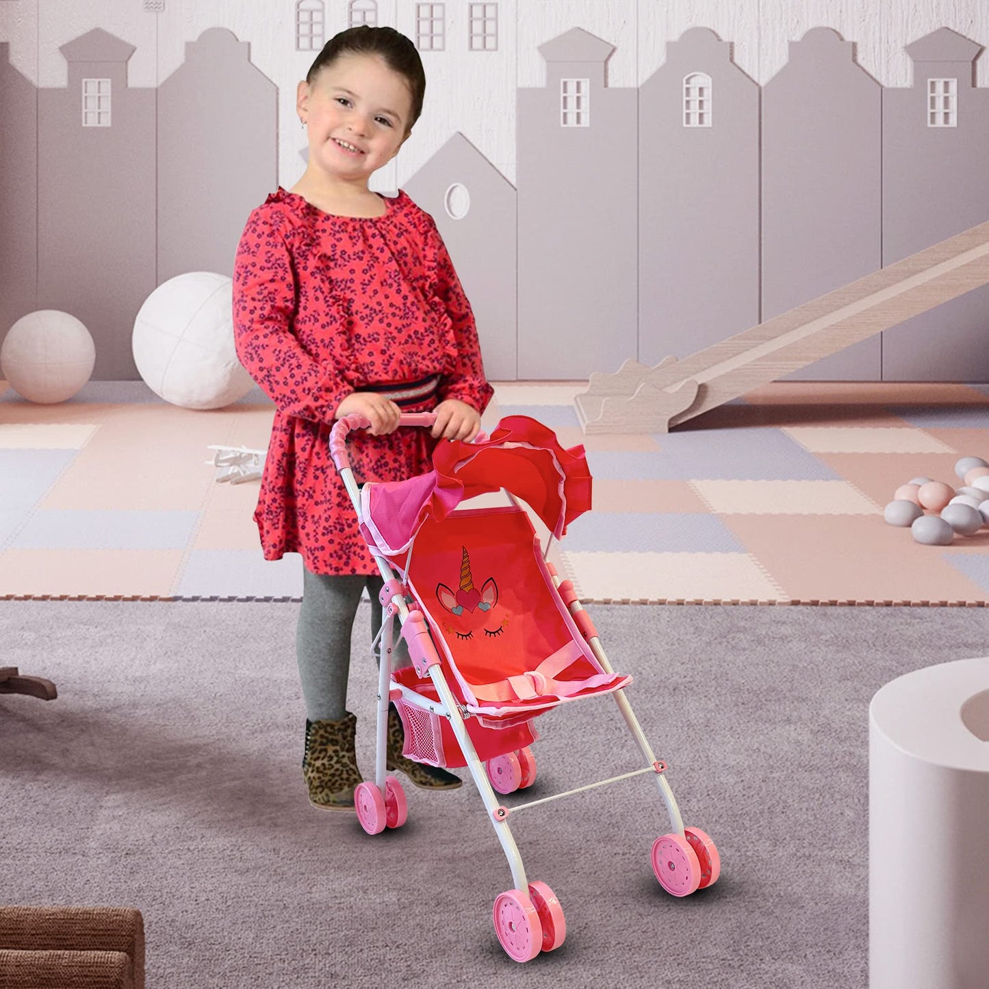 The New York Doll Collection My First Baby Doll Stroller for Toddlers — 21-Inch Foldable Doll Pram with Canopy & Seatbelt