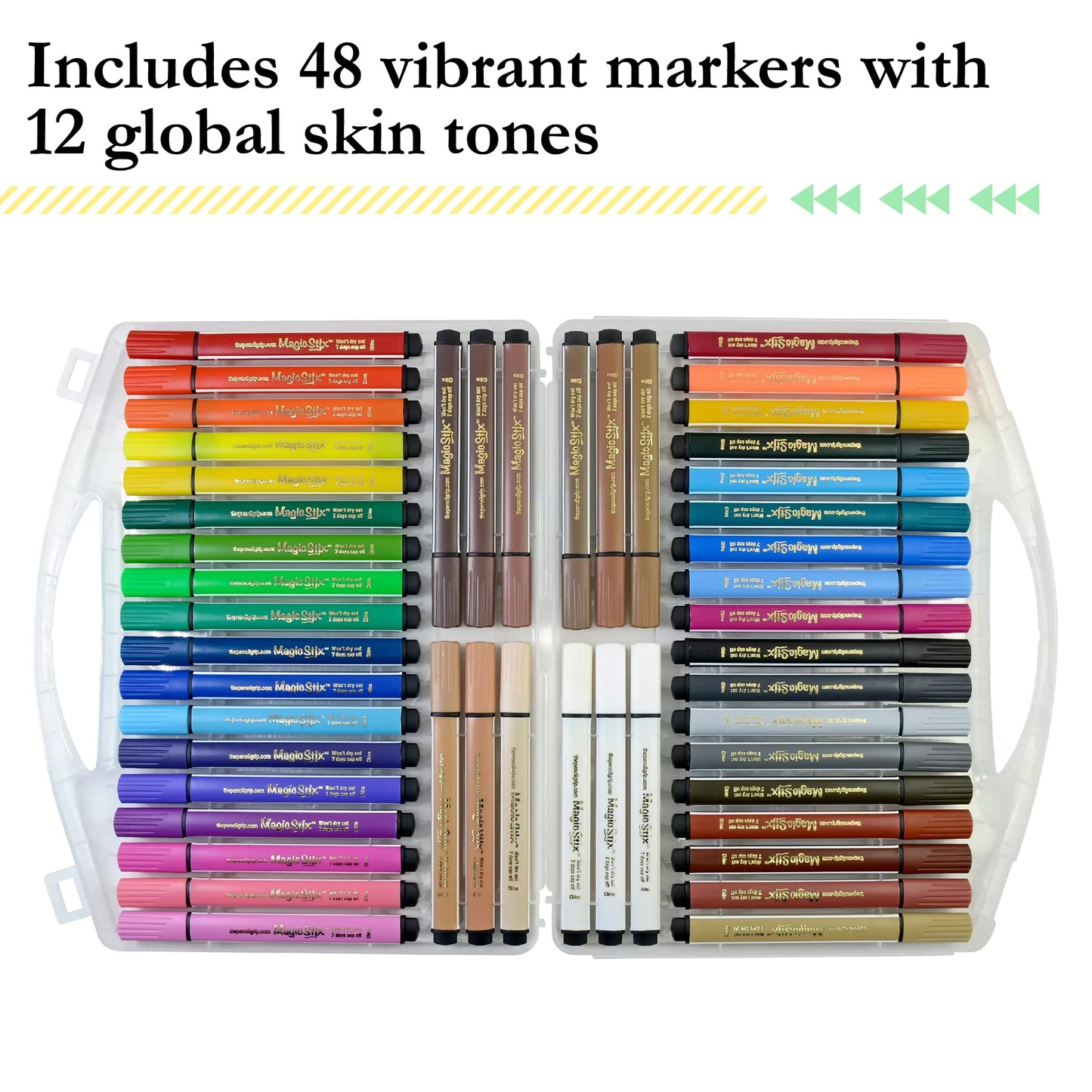 The Pencil Grip Magic Tri Stix – 48 Markers (36 Rainbow + 12 Global Skin Tones) Non-Toxic & Washable