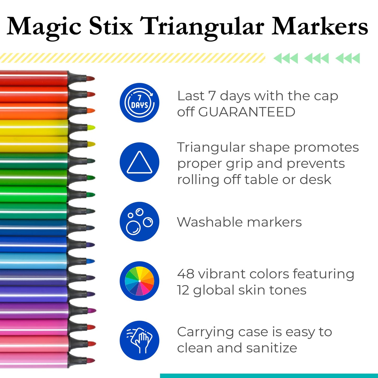 The Pencil Grip Magic Tri Stix – 48 Markers (36 Rainbow + 12 Global Skin Tones) Non-Toxic & Washable