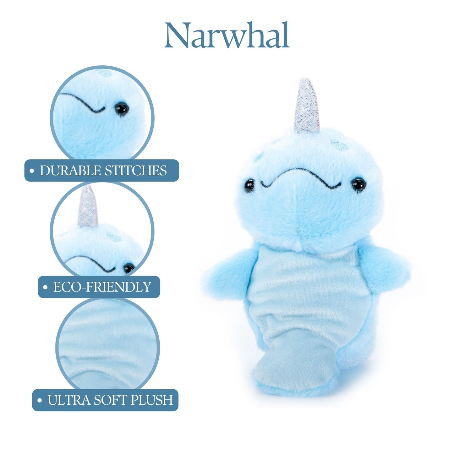 The Petting Zoo Narwhal Plushie — 6-Inch Blue Narwhal Plush Toy, Recycled Materials