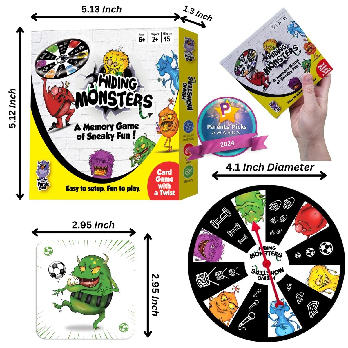 THE PURPLE OWL Hiding Monsters Memory Card Game with Spinner Wheel - Fun, Easy-to-Play Match for Kids 4-12