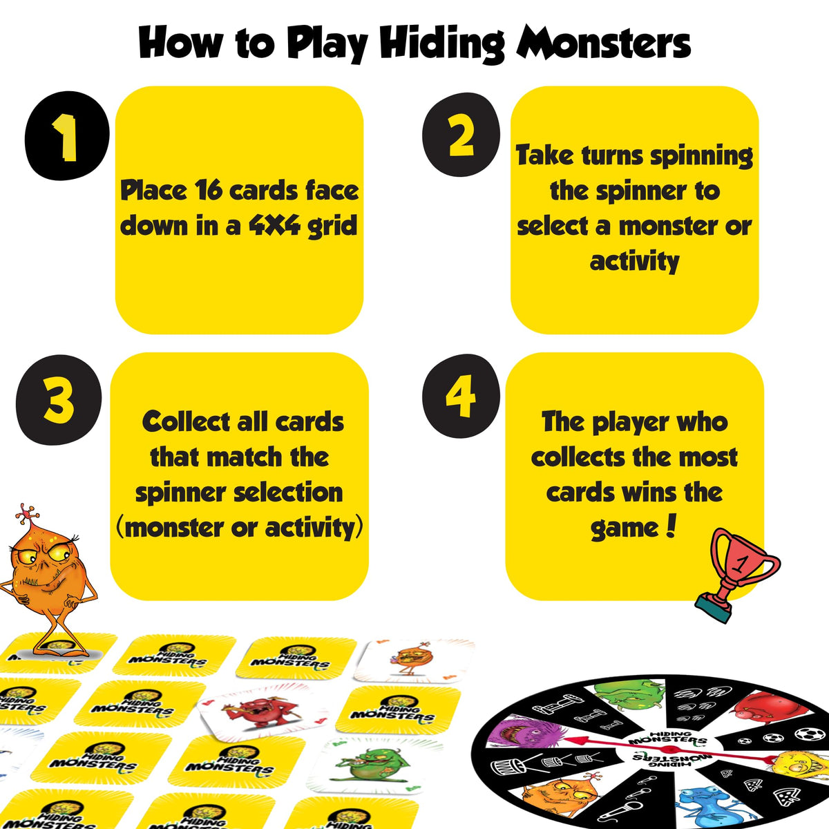 THE PURPLE OWL Hiding Monsters Memory Card Game with Spinner Wheel - Fun, Easy-to-Play Match for Kids 4-12