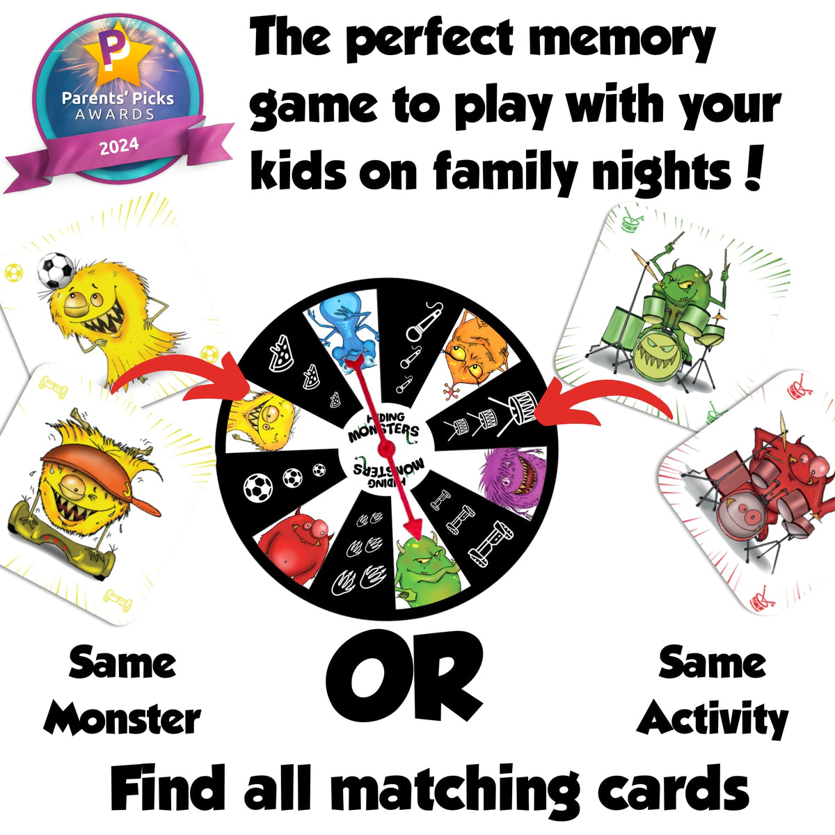 THE PURPLE OWL Hiding Monsters Memory Card Game with Spinner Wheel - Fun, Easy-to-Play Match for Kids 4-12