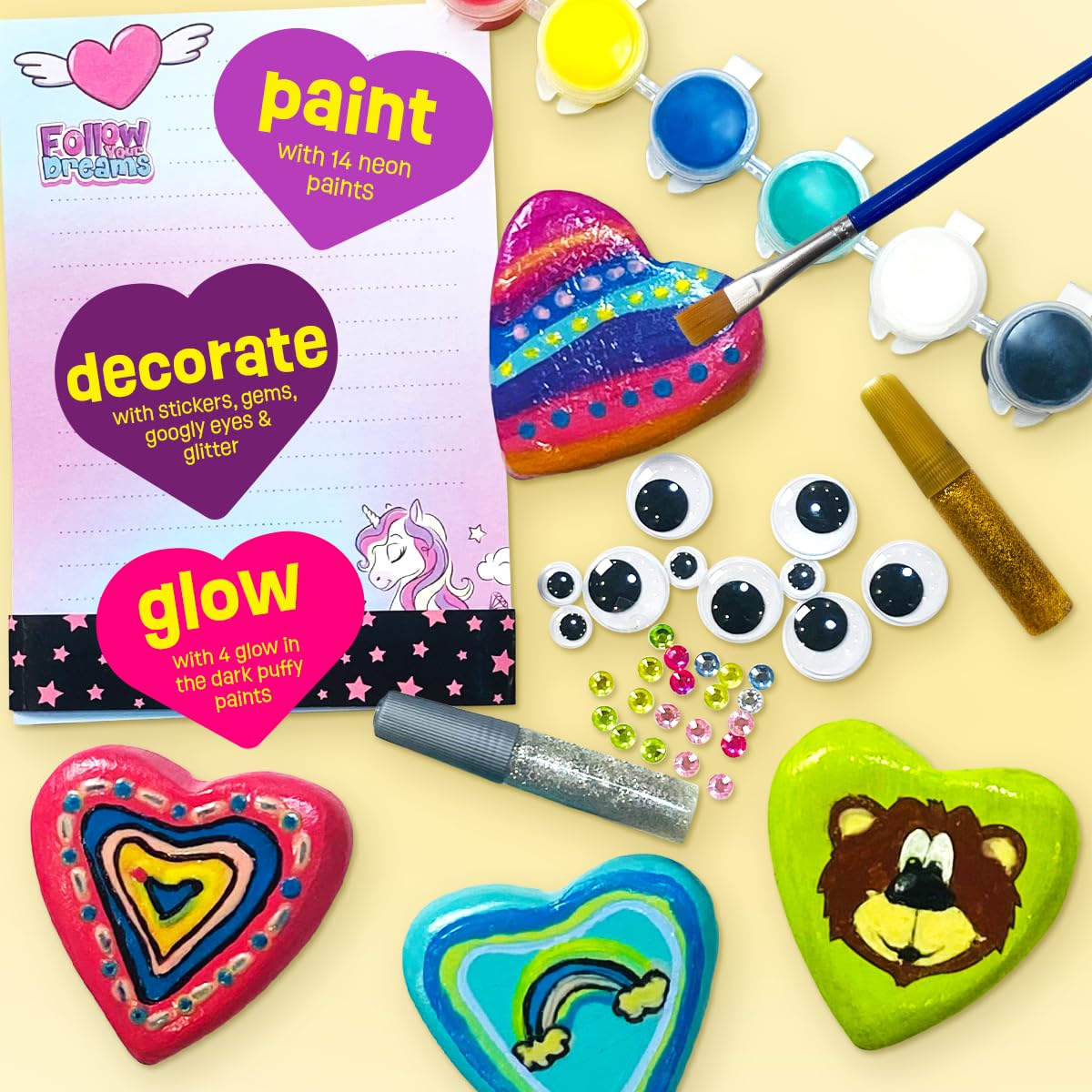 THE SCHOLAR ANT Hearts Glow-in-the-Dark Rock Painting Kit for Kids (Ages 4-12) - Complete STEM Craft Set