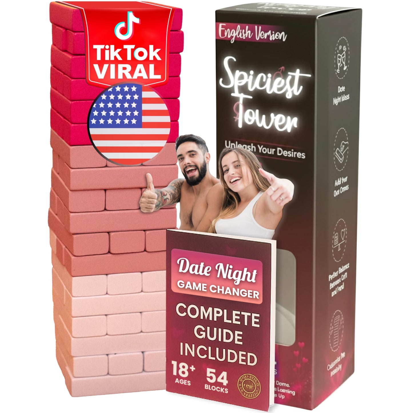 The Sensual Lab 54 Pink Blocks – Spicy Adult Tower Game for Couples & Date Nights